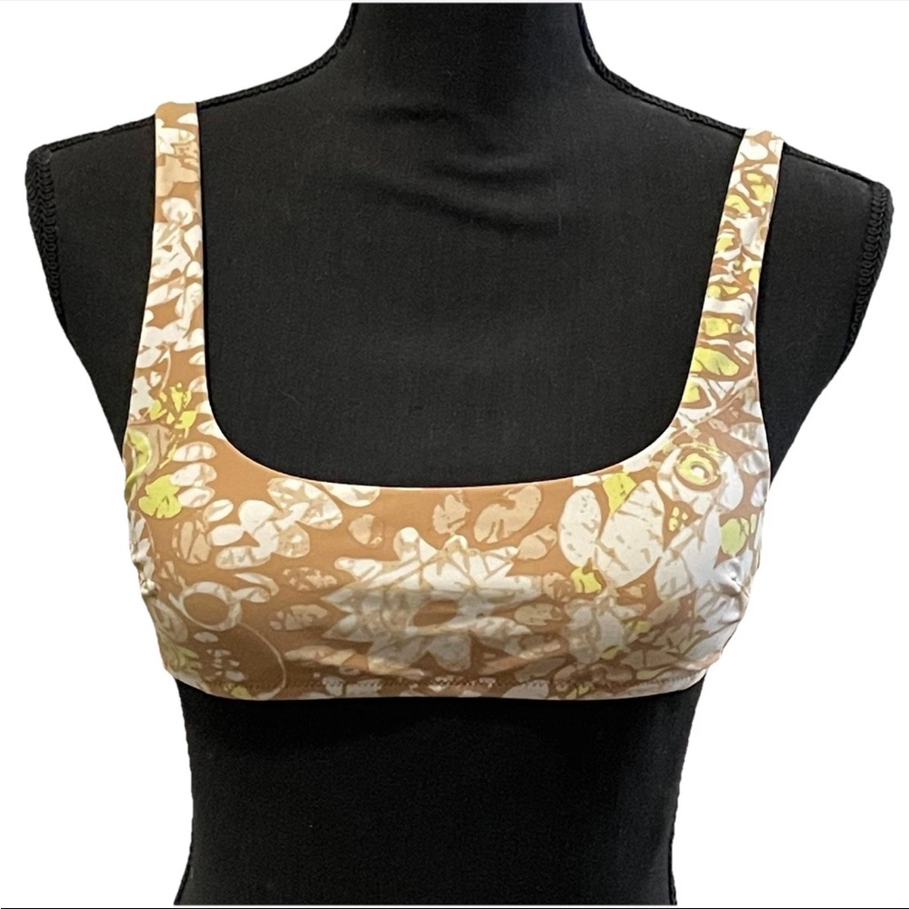 NWT Aerie Tie Back Scoop Bikini Top Size X-SMALL Brown Yellow Floral Swimsuit